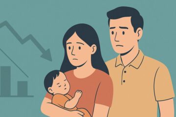 出生率低下と不安を抱く家族のイラスト