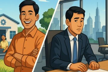 地方の工場で笑顔の男性と都市オフィスで思案する男性を対比したイラスト