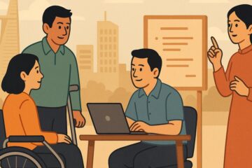 ホーチミン市で障害のある人と企業担当者が就職相談をしている様子のイラスト