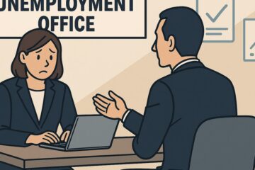相談窓口で失業に関する支援を受ける男女のイラスト。