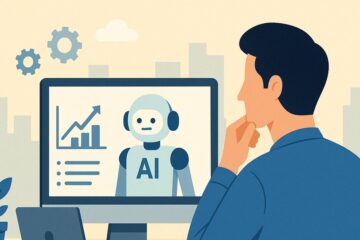 オフィスで男性がAIロボットとグラフを映すPC画面を見つめるイラスト。