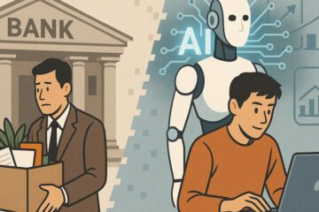 銀行員が段ボールを持って退職する姿と、AIロボットの隣で働く若者を対比したイラスト