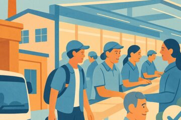 工場での受付と作業員の様子を描いたイラスト