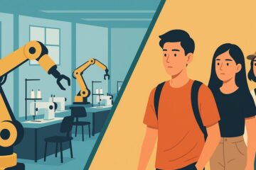 工場のロボットアームと歩く若い世代のグループ