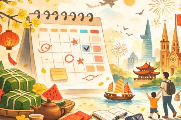 ベトナム祝日と文化を象徴するカレンダーと都市風景のイラスト