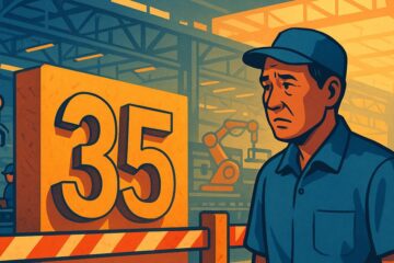 工場内で不安そうに立つ中年男性と『35』の標識