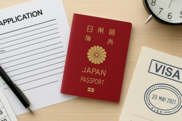 日本のパスポート、ビザ申請書、カレンダー、時計が机に並んでいる写真