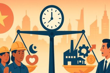 時計付きの天秤を中心に労働者と企業代表が向かい合い、生活と産業のバランスを象徴するイラスト。