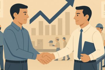 工場での採用面接の握手シーン