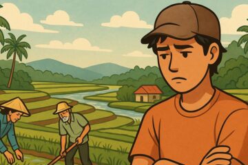農村の棚田で働く高齢農家を背景に、悩む若者のイラスト