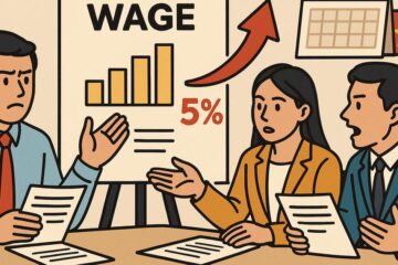 賃金テーブルと5％ルールを議論する3人のビジネスパーソンのイラスト