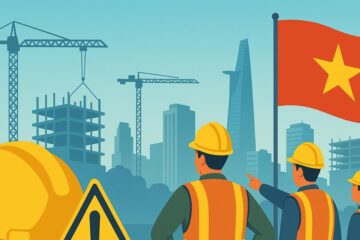 建設現場で安全確認する作業員とベトナム国旗