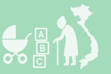 ベビーカー・積み木・高齢者とベトナム地図のシンプルなイラスト
