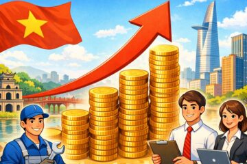 ベトナム国旗と都市風景を背景に、最低賃金引き上げを象徴するコインと上向き矢印のイラスト