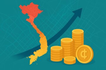 ベトナム全土を4色に分けた地図と金貨の山、右上へ伸びる青い矢印で最低賃金の上昇を示すイラスト