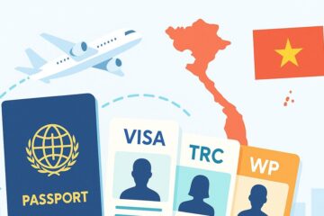パスポートとVISA・TRC・WP、飛行機とベトナム地図・国旗のイラスト