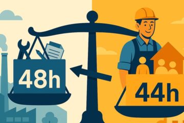 労働時間48hから44hへの短縮を示す天秤のイラスト
