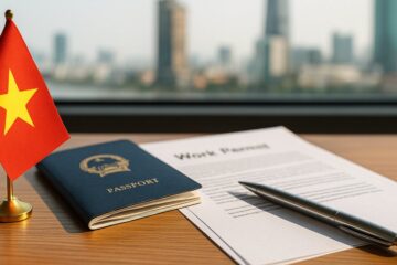 ベトナム国旗とパスポート、労働許可証の書類