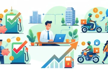 ガソリンスタンドや貯金箱・バイク配達員・オフィスワーカーが描かれた燃料費節約をテーマにしたフラットデザインのイラスト
