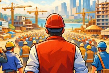 クレーンが並ぶ大規模建設現場で働く建設労働者のイラスト