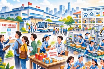 ホーチミン市の工場で採用活動と作業員が働く様子のイラスト
