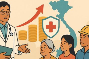 医療保険制度の説明を行う医師と住民のイラスト