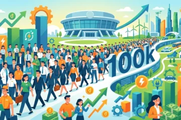 多様な職種の人々が前進する群衆と、経済成長を示すグラフや風車・都市が描かれたフラットデザインのイラスト