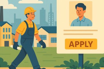 工場の前を歩く作業員と求人看板のイラスト