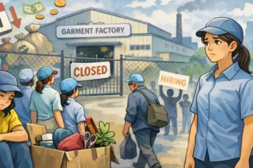 操業停止した縫製工場と雇用調整に直面する労働者を描いたイラスト